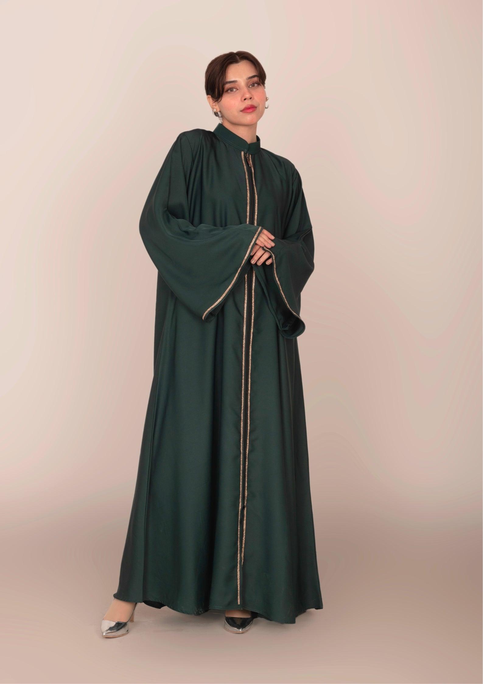 Imported Korean Nida Open Abaya With Zip – Dark Jungle Green