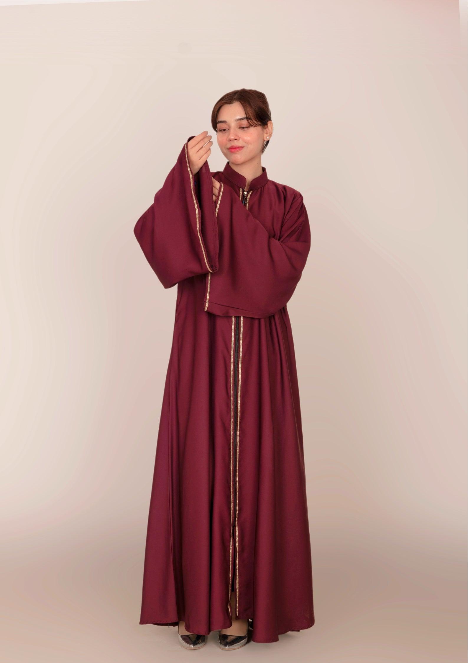 Imported Korean Nida Open Abaya With Zip – Maroon Oak