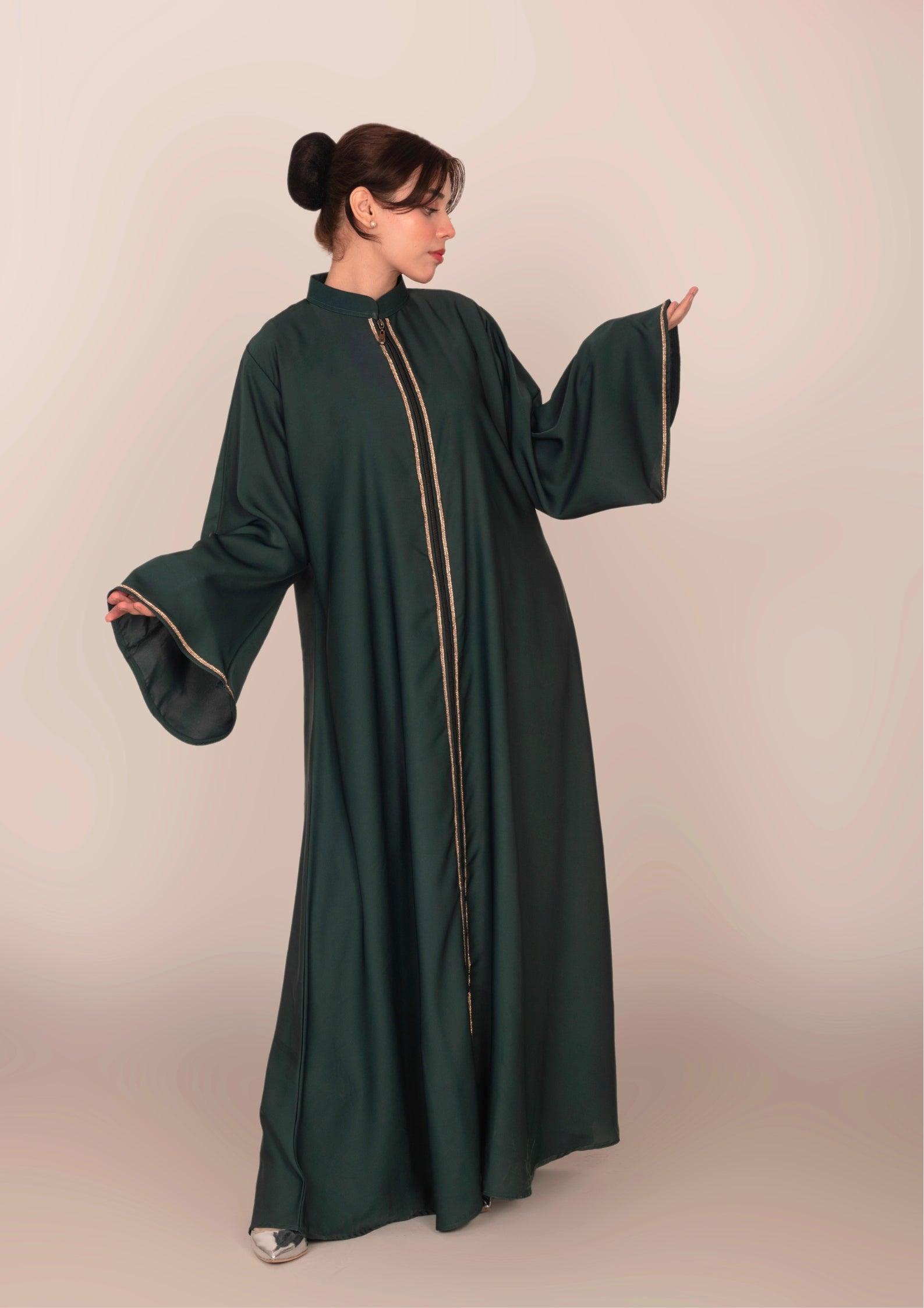 Imported Korean Nida Open Abaya With Zip – Dark Jungle Green