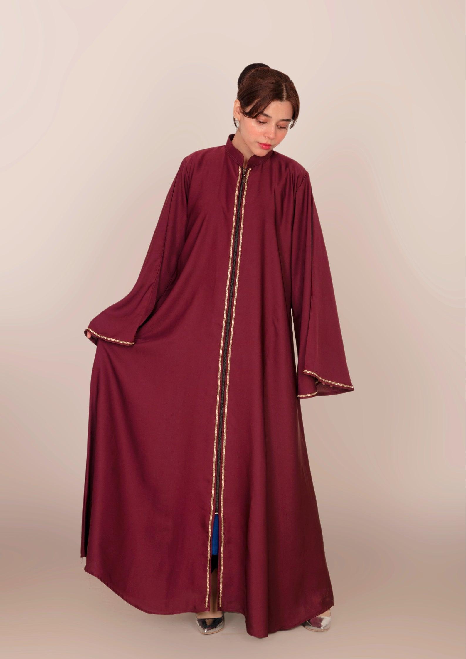 Imported Korean Nida Open Abaya With Zip – Maroon Oak