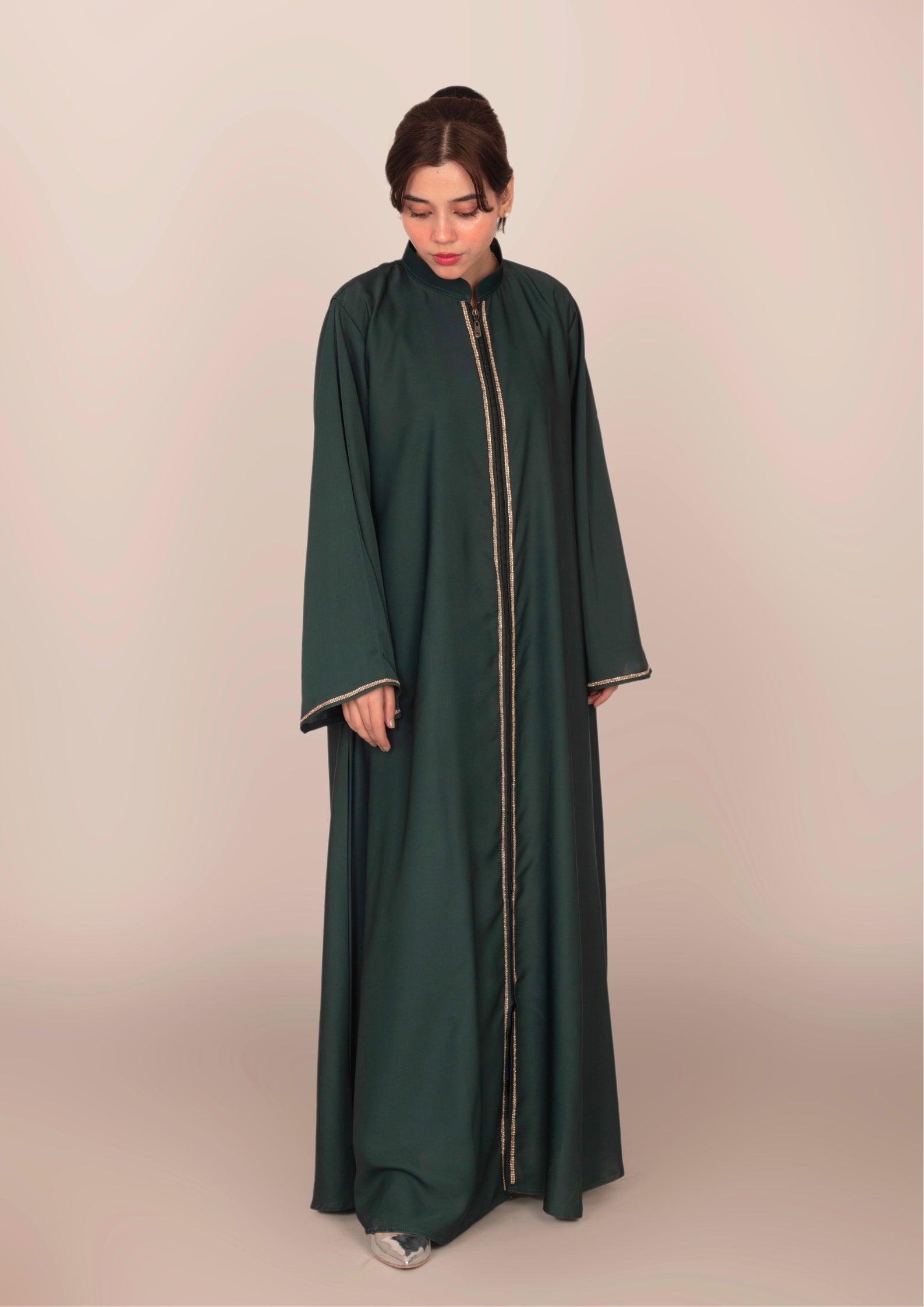 Imported Korean Nida Open Abaya With Zip – Dark Jungle Green