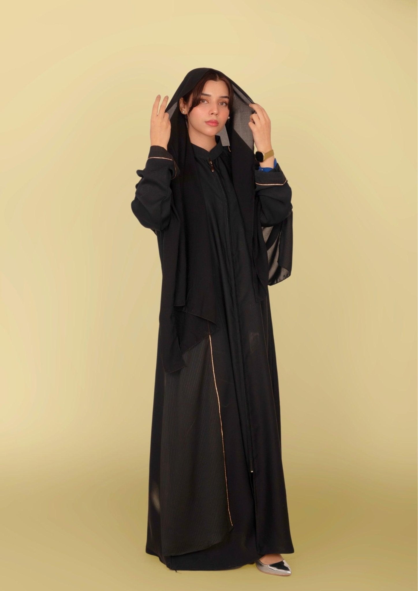 Imported Korean Nida Abaya With Chiffon Open Panel - Black