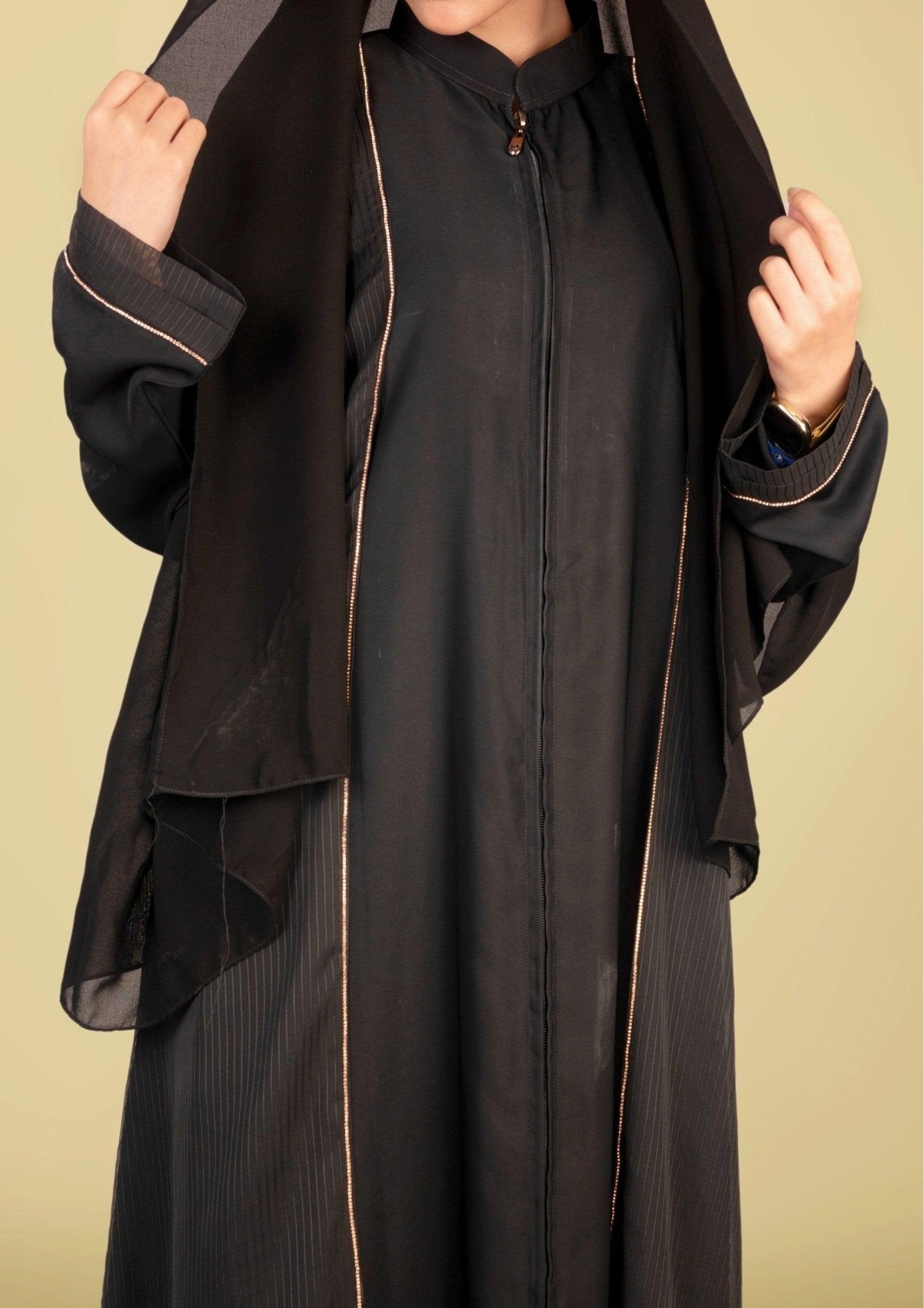 Imported Korean Nida Abaya With Chiffon Open Panel - Black